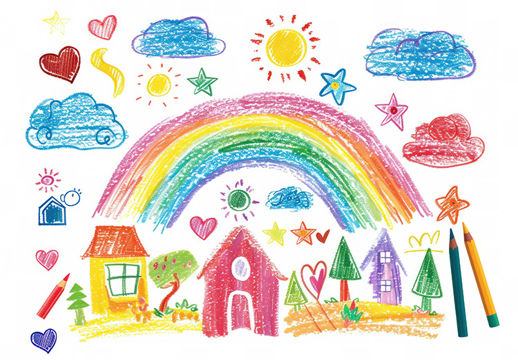 Child's imaginary dream house with rainbow, clouds, trees, and other objects in peaceful nature scene